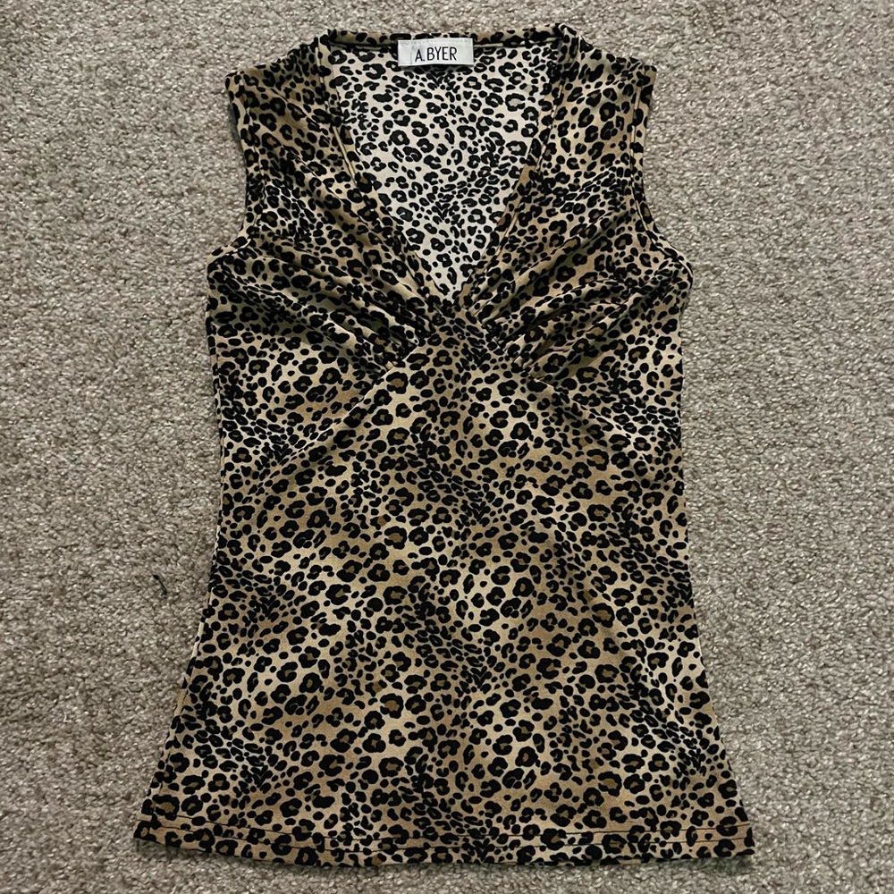 A Byer Sleeveless Dressy Work Top Cheetah Leopard Print Low Cut V Cut